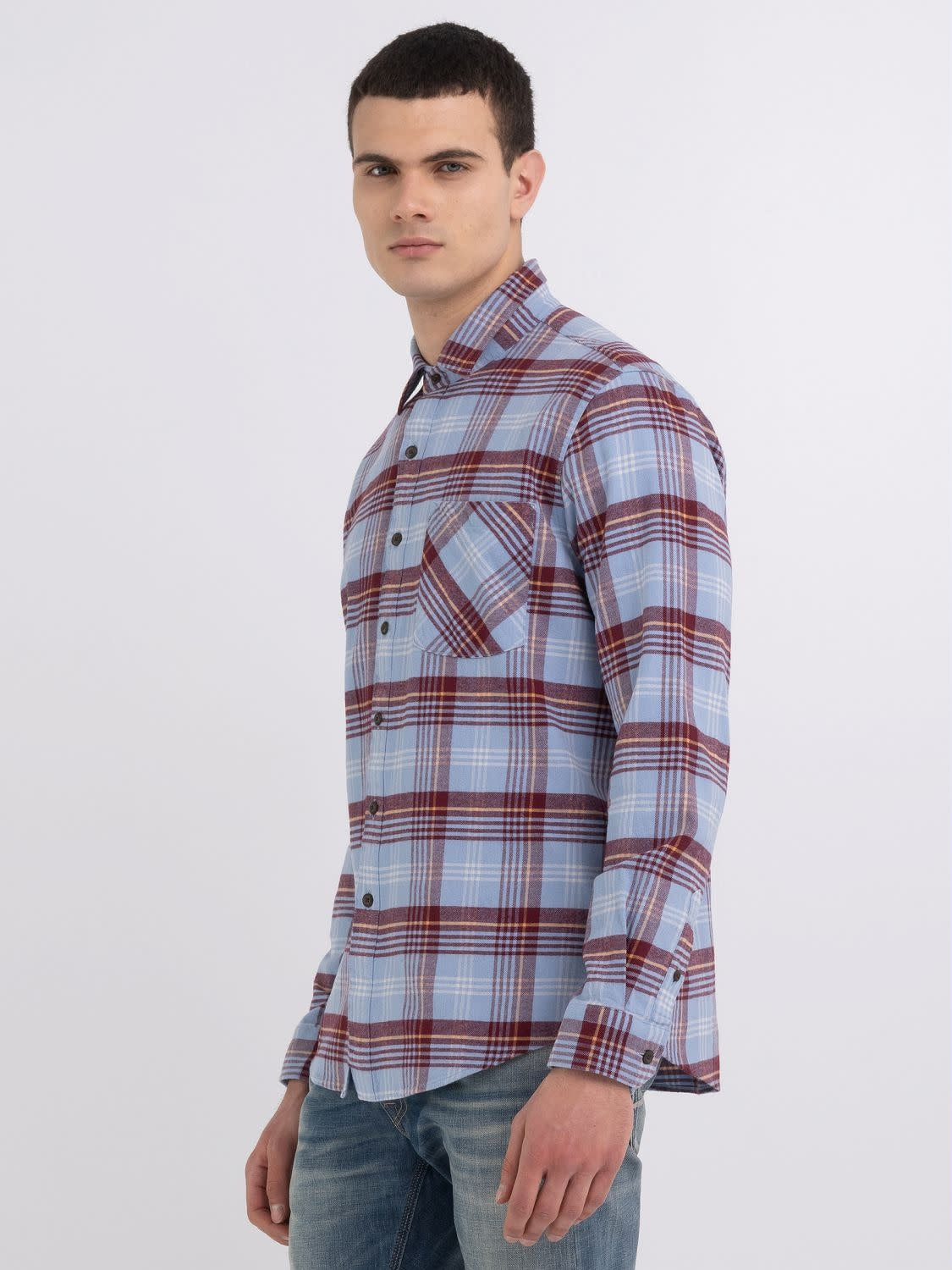 Chemise Replay bleue en twill à carreaux