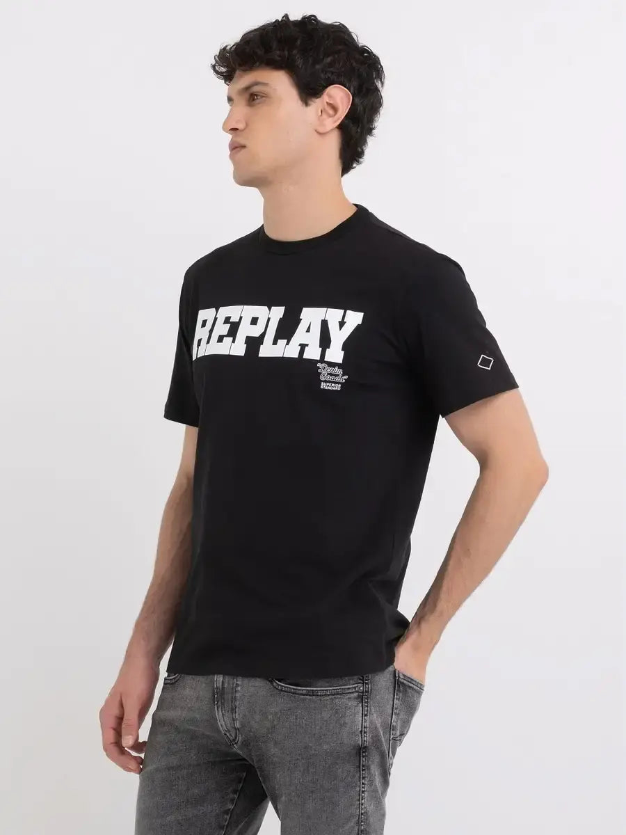 T-shirt Replay noir ras-du-cou imprimé blanc à l'avant