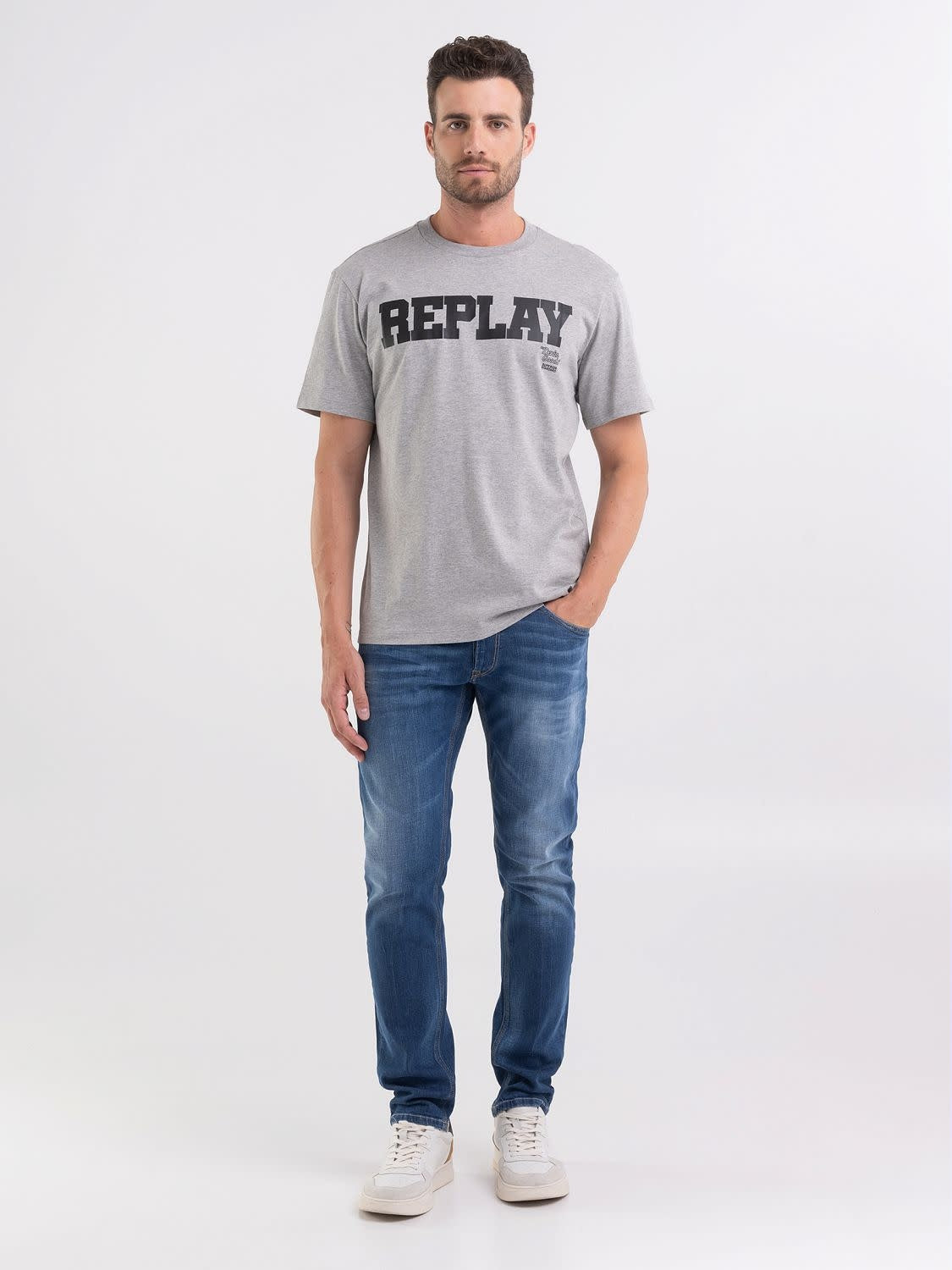 T-shirt Replay gris ras-du-cou imprimé logo à l'avant