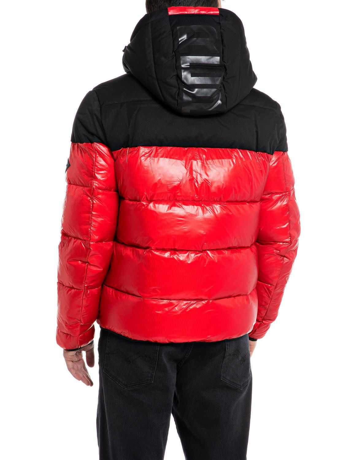 Blouson Replay bicolore rouge et noir matelassé à capuche coupe confort