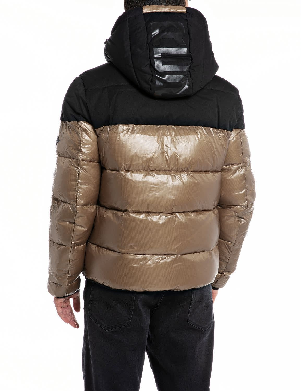 Blouson Replay bicolore brun et noir matelassé à capuche coupe confort